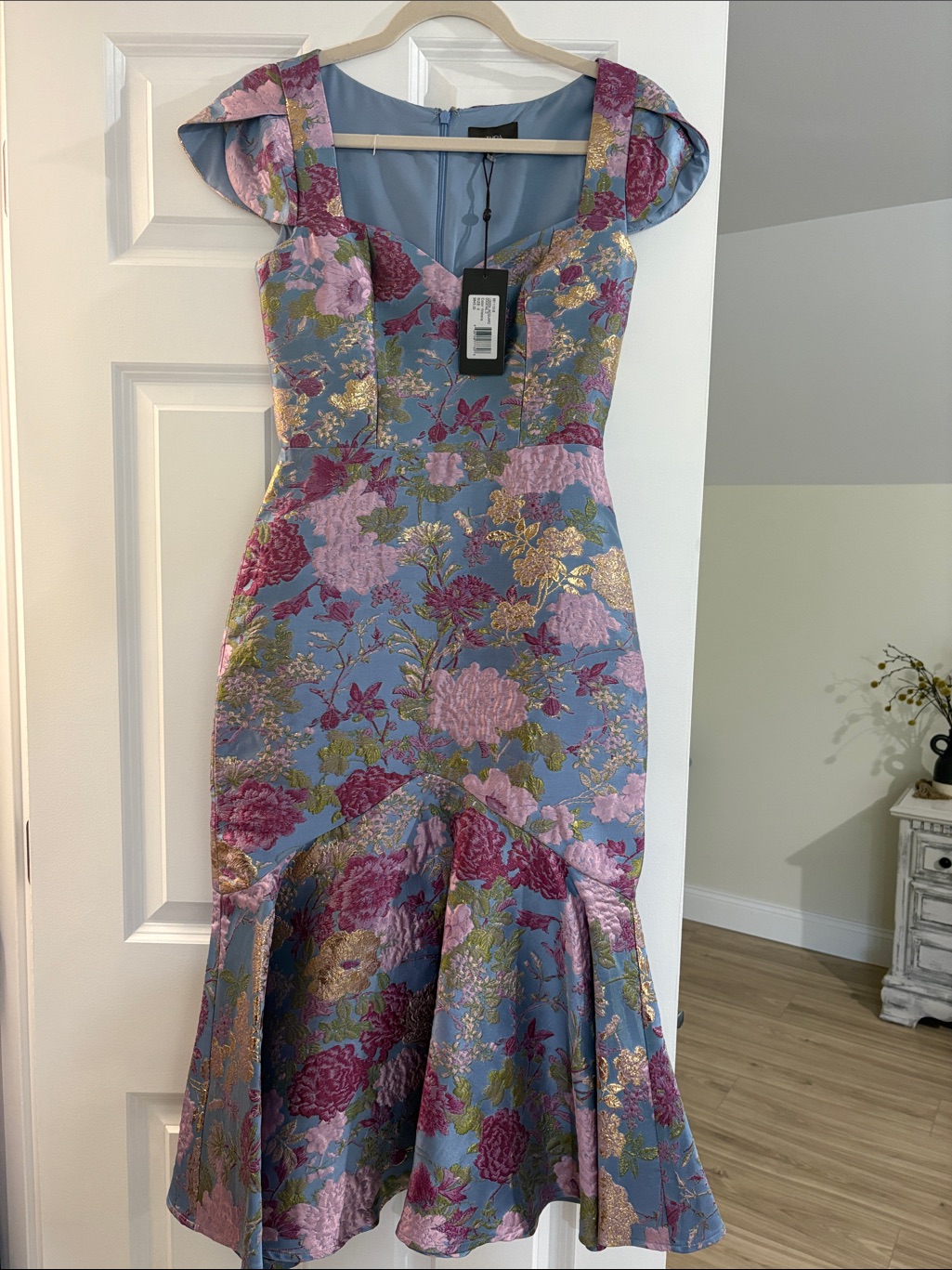 Theia Periwinkle Blue Floral Jacquard Midi Dress With Pink And Gold Accents